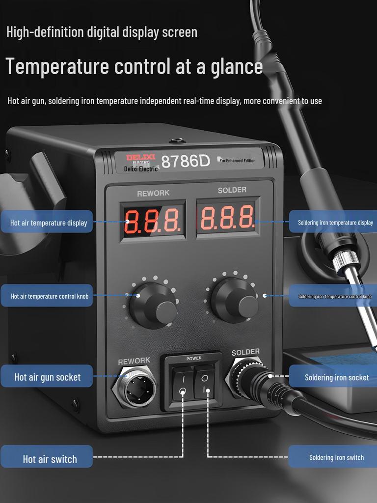 DELIXI 858D Lead-Free Hot Air & Soldering Station for Mobile & Computer Repair