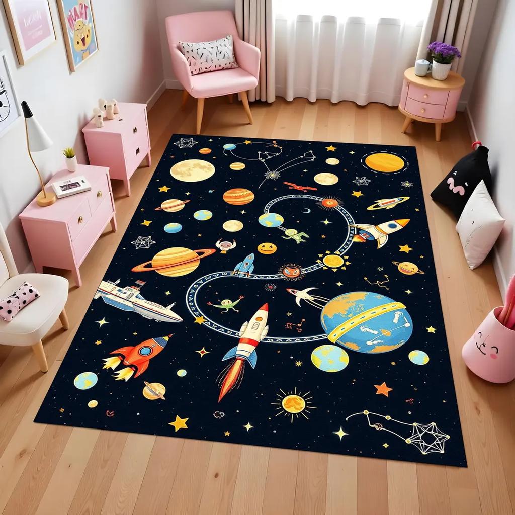Cartoon Space Astronaut Carpet Galaxy Universe Pattern Floor Mat New Star Rocket Kids Bedroom Decorative Mat Table and Chair Mat