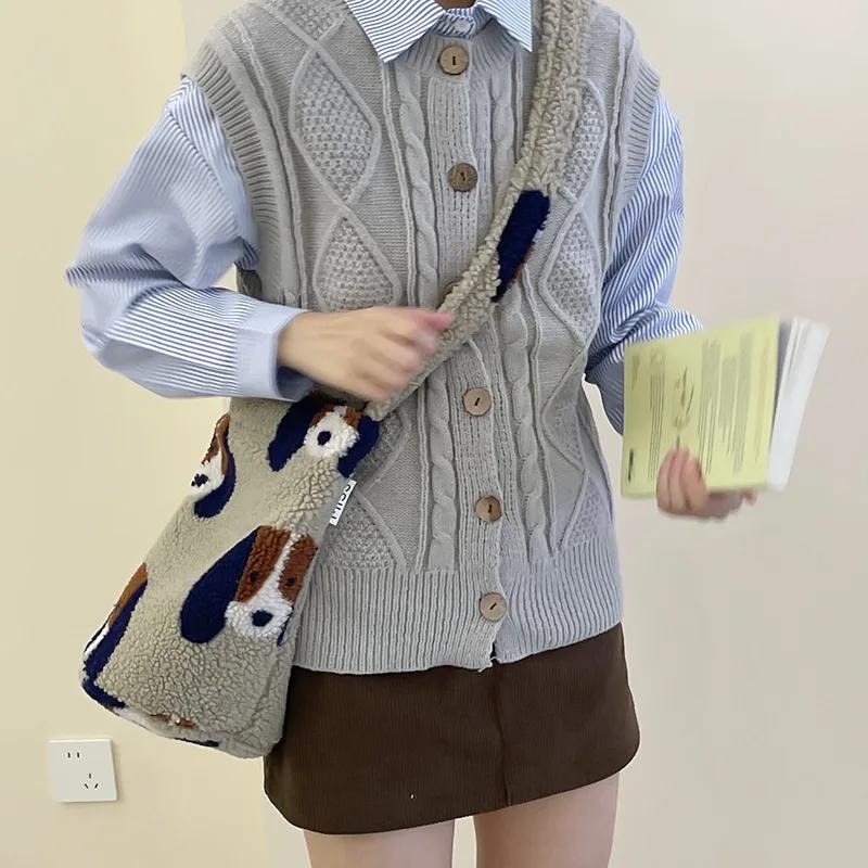 Leopard Print Polka Dot Women's Bucket Shoulder Bags Soft Plush Commuter Ladies Crossbody Bag Simple Female Handbags Tote