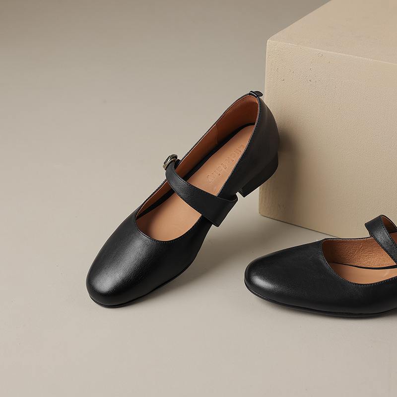 Hovězí kůže s kulatou špičkou tlusté střední podpatky podzimní boty Mary Janes pevné dámské lodičky