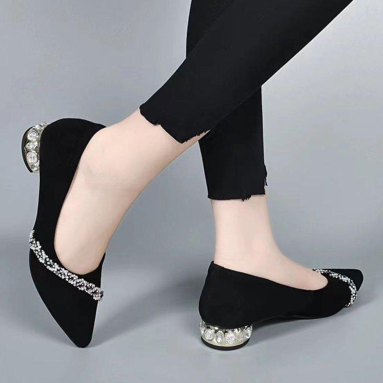 Low-heeled Rhinestone Pointed Women's Shoes Spring New Elegant Thick-heeled Light-mouth Single Shoes Women's Matte Ladyshoes Black Work Shoes