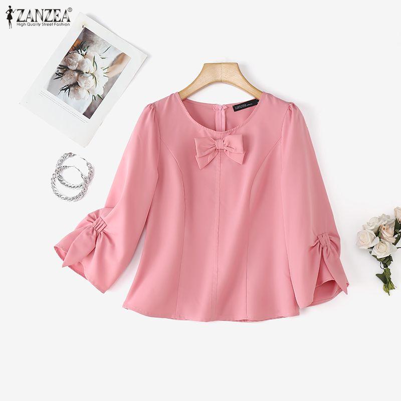 ZANZEA Women Casual Round Neck 3/4 Sleeve Elegant Blouse
