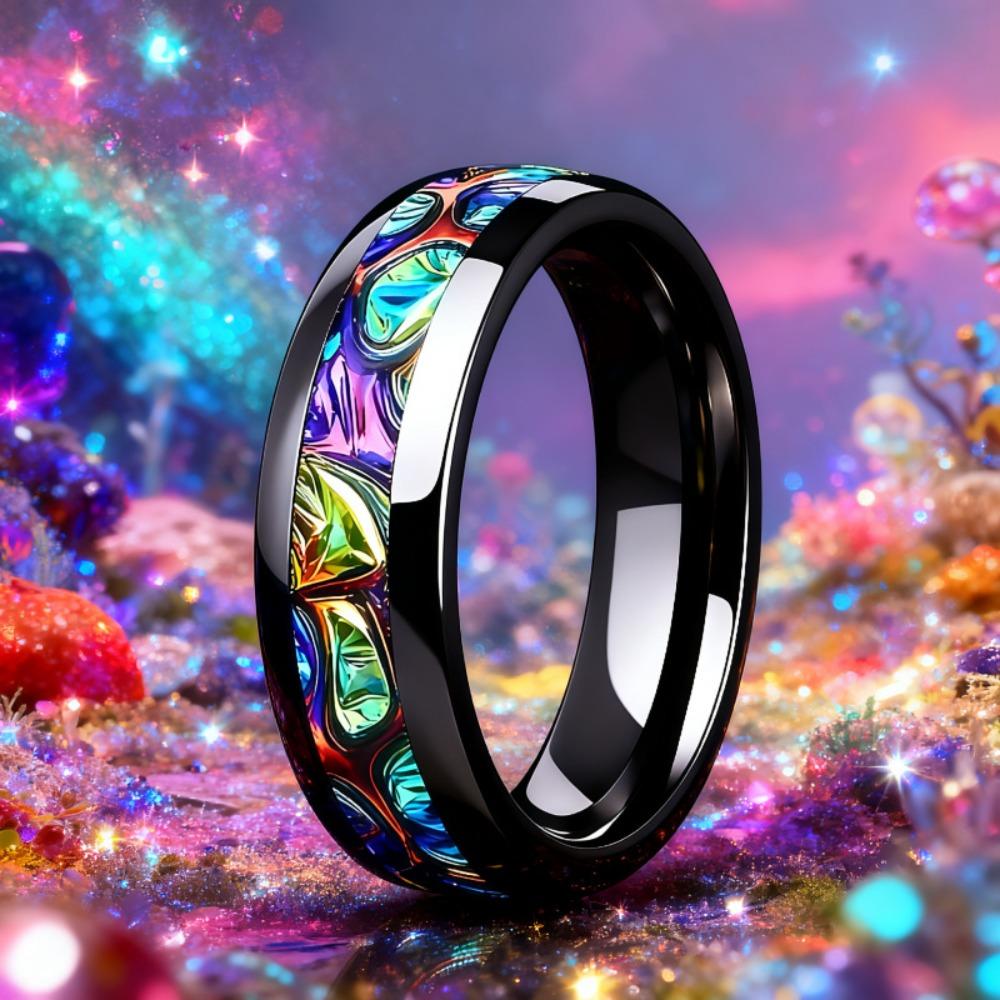 Anillos de acero inoxidable de 8 mm para hombre con diseño de cielo estrellado colorido, alianza de boda negra única, anillo para parejas con incrustaciones de mármol de colores, regalo.