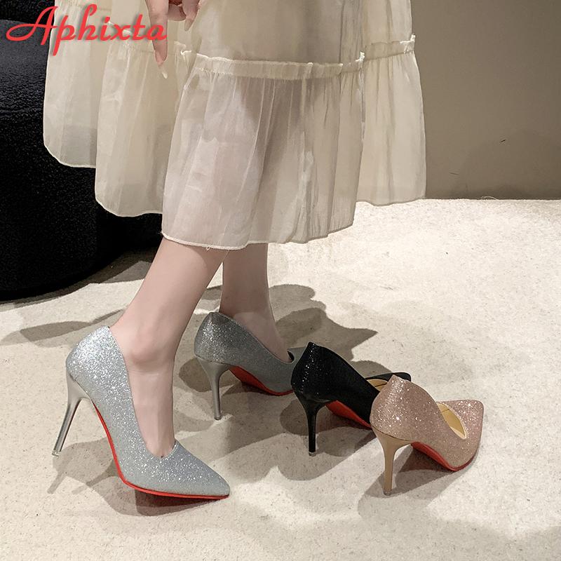 Aphixta Bling 10cm Thin Heels Pointed Toe Pumps Women Sequined Leather Shoes Dress Casual Wedding Party Super Plus Size 50