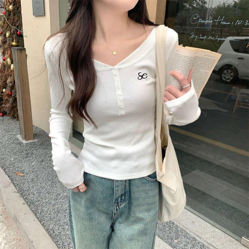 Spice girl style collar front shoulder embroidered top women's spring new slim-fitting and thin long-sleeved T-shirt with bottoming shirt