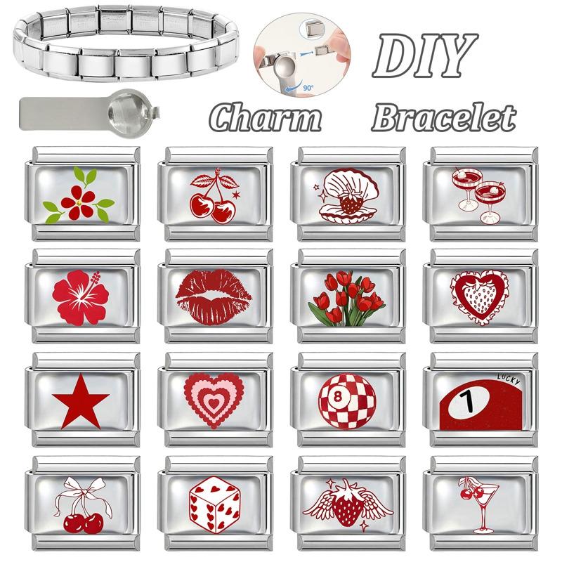 1 Piece 304 Stainless Steel Fashion Red Italian Charm Links For DIY Bracelet Jewelry Making Fit 9mm Rectangle 10mm x 9mm