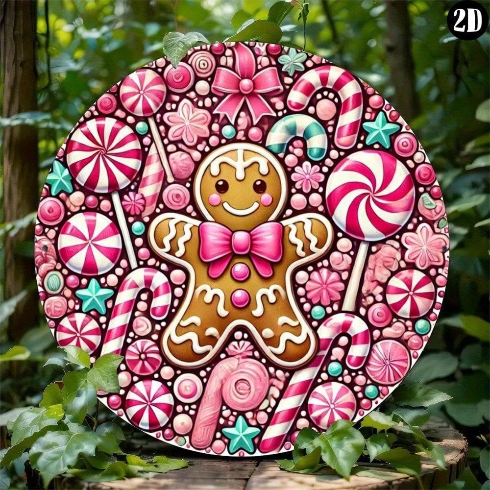 Vintage Gingerbread Girl Round Metal Wall Art Pink Christmas Decor Kitchen Home Sign