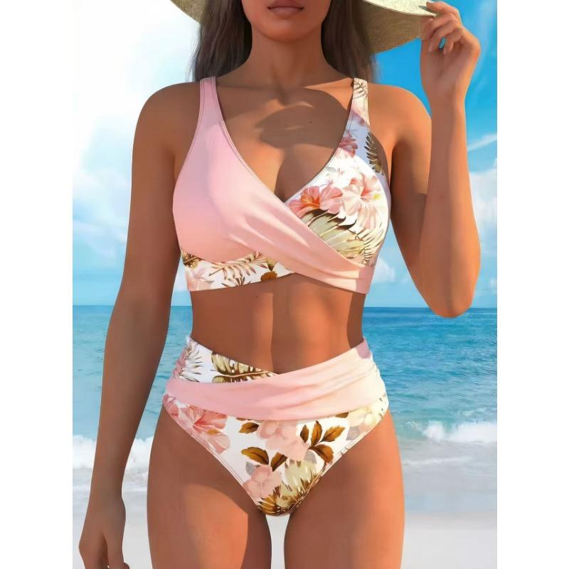 Women's Pink Floral Print High Waist Bikini Set, Color Block Wrap Two Piece Swimwear