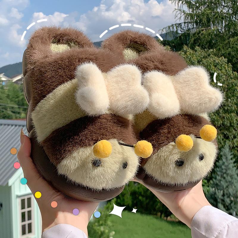 Mengmeng little bee fluffy slippers autumn 2025 new cute home fluffy shoes