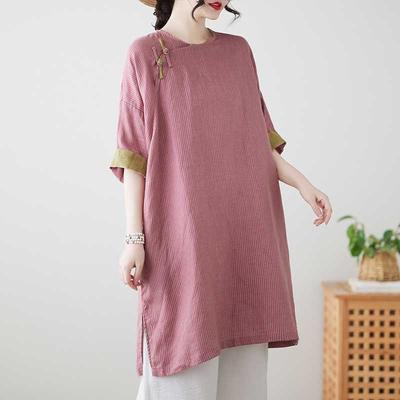 Real Shot Spring and Summer New Cotton and Linen Ethnic Style Retro Buckle Medium and Long Shirt Women