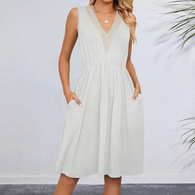 Yousheng Damen Sommerkleid V-Ausschnitt Ärmellos Midi-Kleider mit Taschen Lässige Boho Strandurlaub Sommerkleider