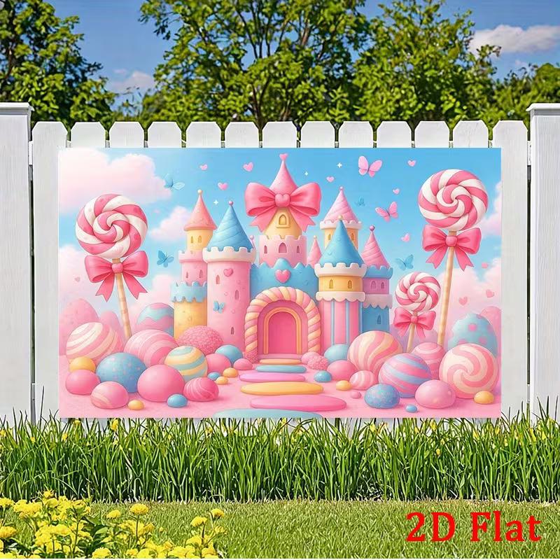 2D Pastel Candy Castle Backdrop, Princess Birthday Lollipop Background