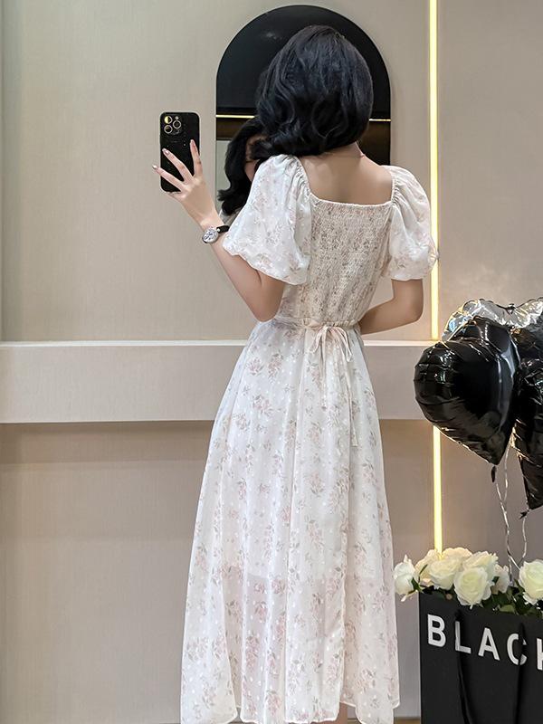 Summer Ruffle Collar Print Dress: Mid-Length Puff Sleeve, Off-the-Shoulder, Two-Way Wear