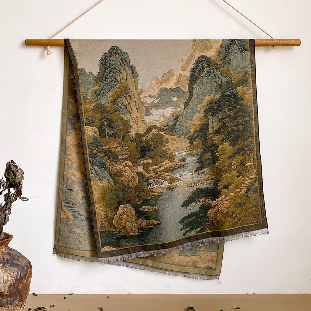 Chinese Style Landscape Painting Women Scarf Soft Warm Pashmina Shawl Winter Outdoor Coldproof Windproof Blanket Wrap Scarf