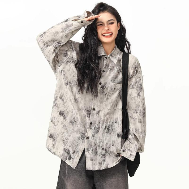 Loose Short Sleeved Thin Women's Shirt Retro Casual Summer Turn-down Collar Blouses Full Print Versatile Top with Pocket