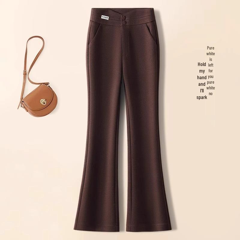 Beige Woolen Micro-Flare Pants for Women - Autumn/Winter 2024 Collection, Slimming Thick Cashmere for Petite Sizes.