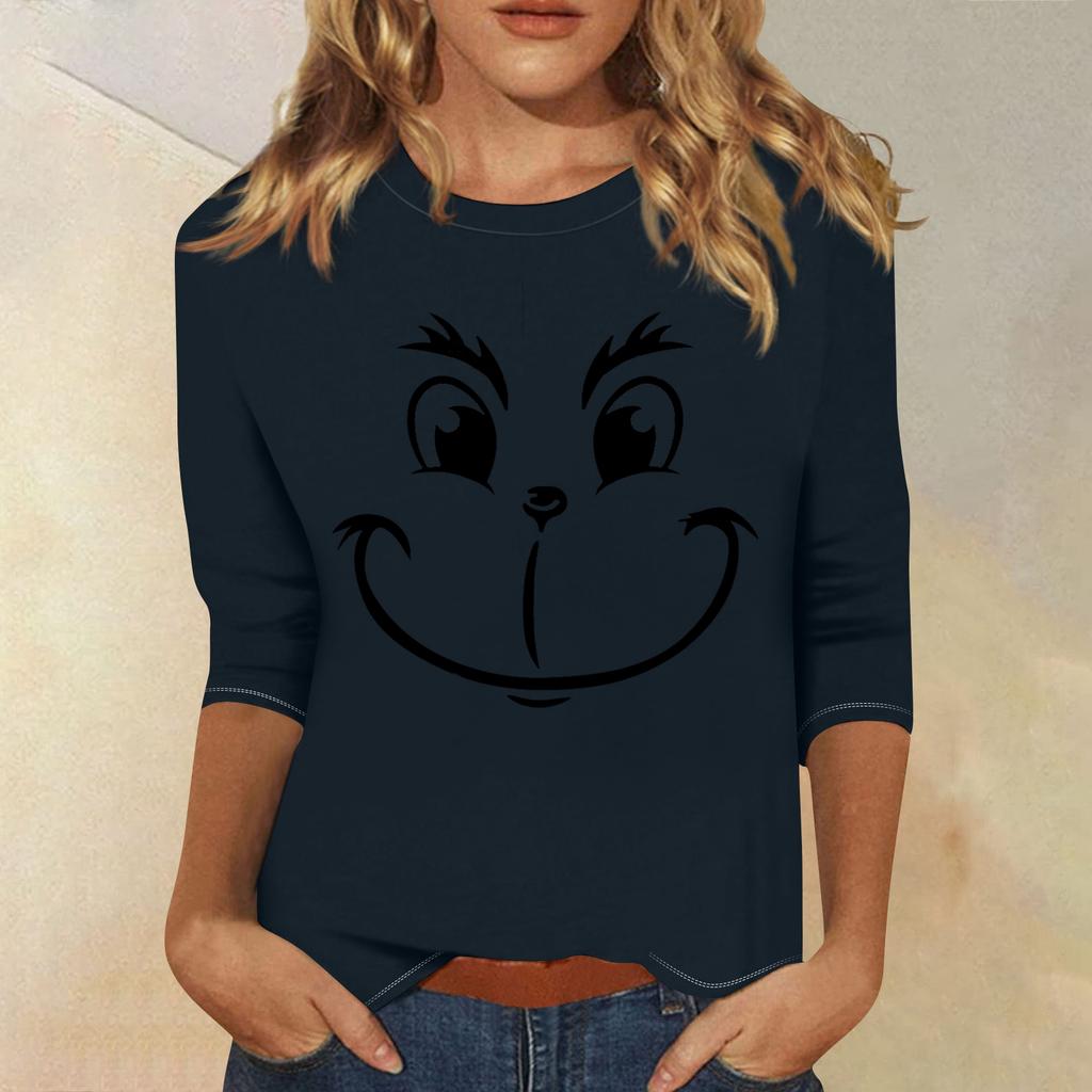 3/4 Sleeve Tops For Women T-Shirt Casual Christmas Print Tops T Shirt Round Neck Pullover Blouse