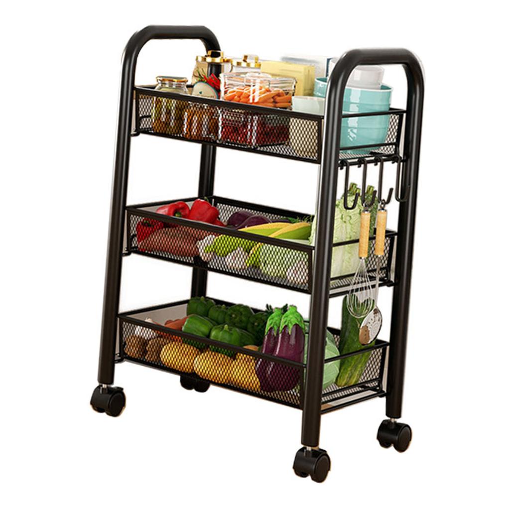 Rolling Storage Cart Layered Storage Shelves Multi Functional Movable Snack Vegetable Baskets Kitchen Shelves Black