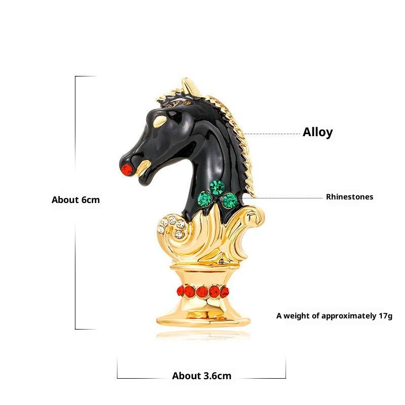 Vintage Black Horse Head Brooch Pin - Gold Tone Enamel Brooch with Red/Green Crystal Accents for Coat Jacket Lapel Jewelry
