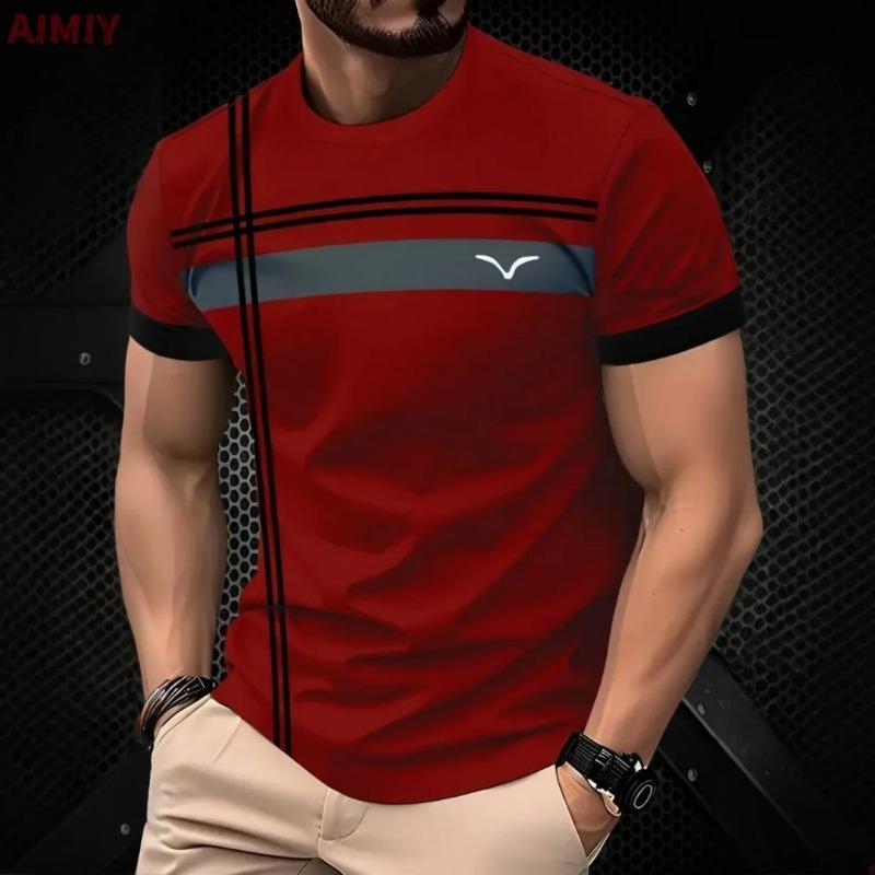 T Shirt Man Classic Men's Clothing Outdoor Round Neck Short Sleeve Top Stripe Print Street Loose T-Shirt