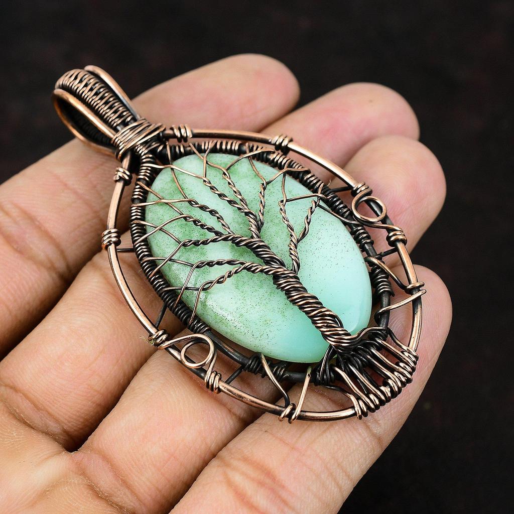 Pingente de crisópraso da árvore da vida, joia enrolada em fio de cobre, pingente incrível, joia com pedras preciosas, presente para ela, presente para menina, joia de crisópraso