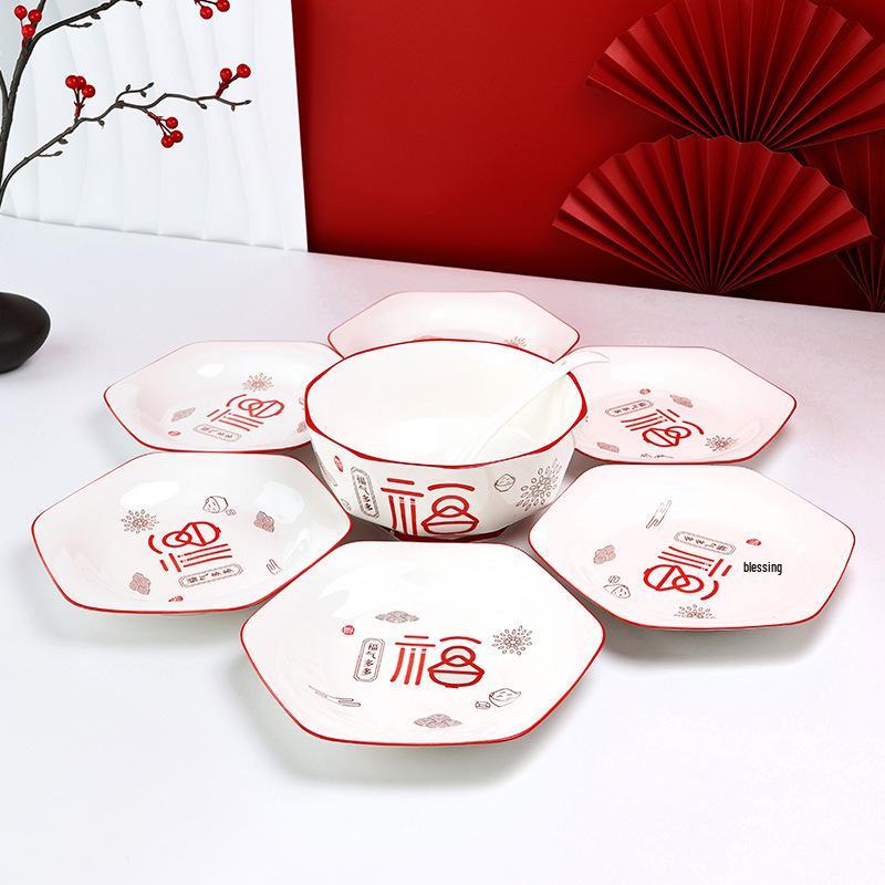 Good Fortune 8-Piece Hexagonal Ceramic Festive Wedding Tableware Set