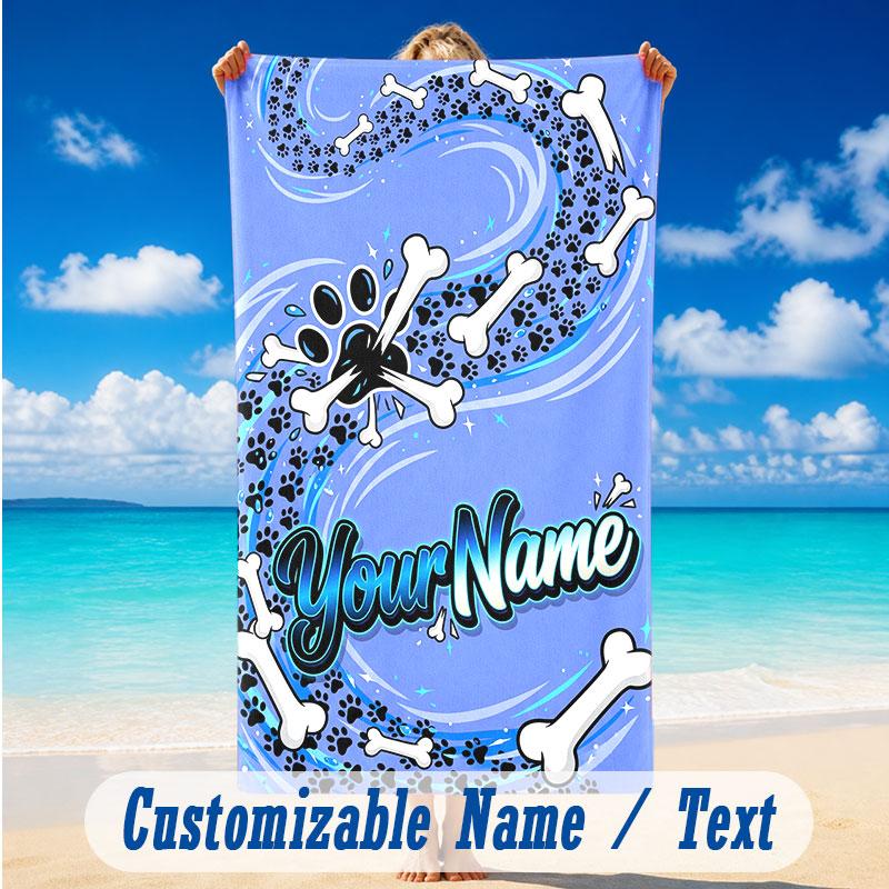 Dog Theme Beach Towel Personalized Custom Name & Text Soft Quick Dry Beach Towel for Swimming Travel