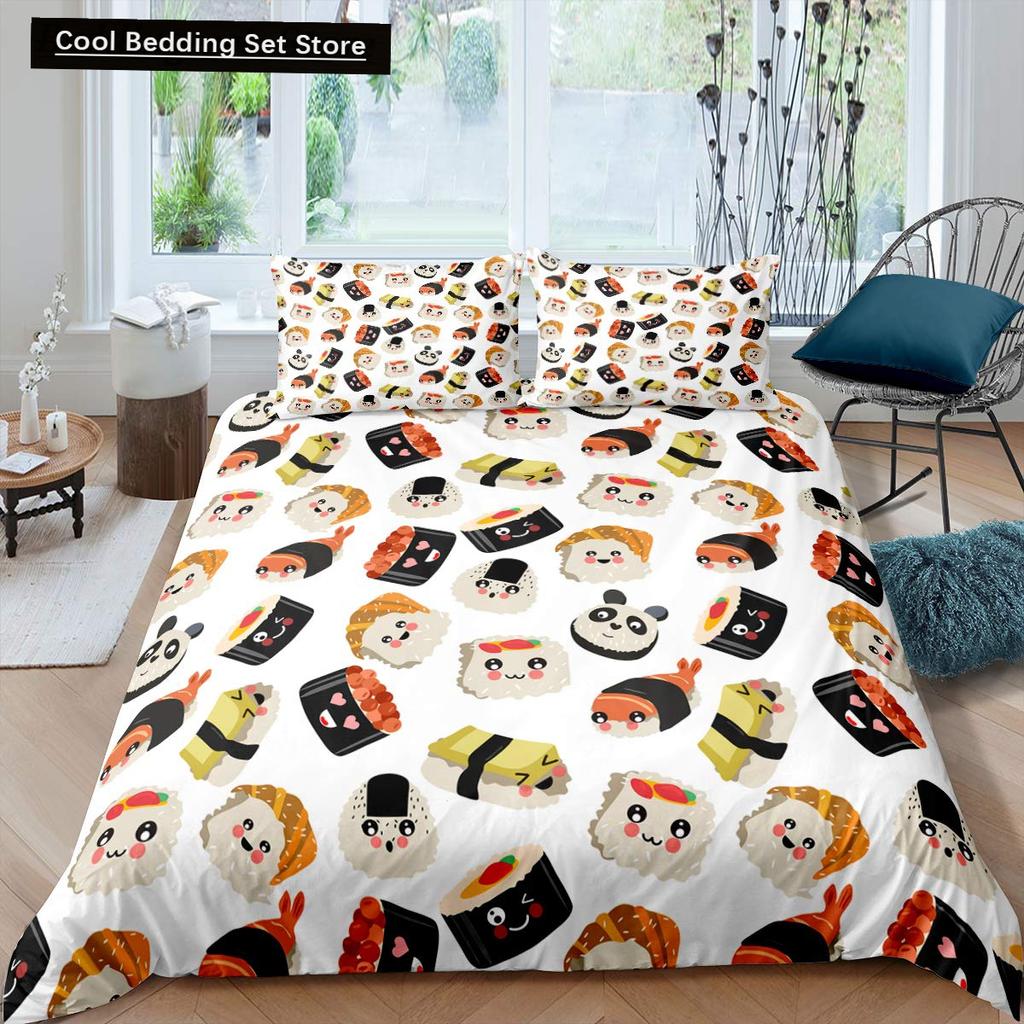 Japan Sushi Königin König Bettbezug Meeresleben Bettwäscheset Cartoon Japanisches Essen Bettdeckenbezug Bunt Polyester Bettdeckenbezug