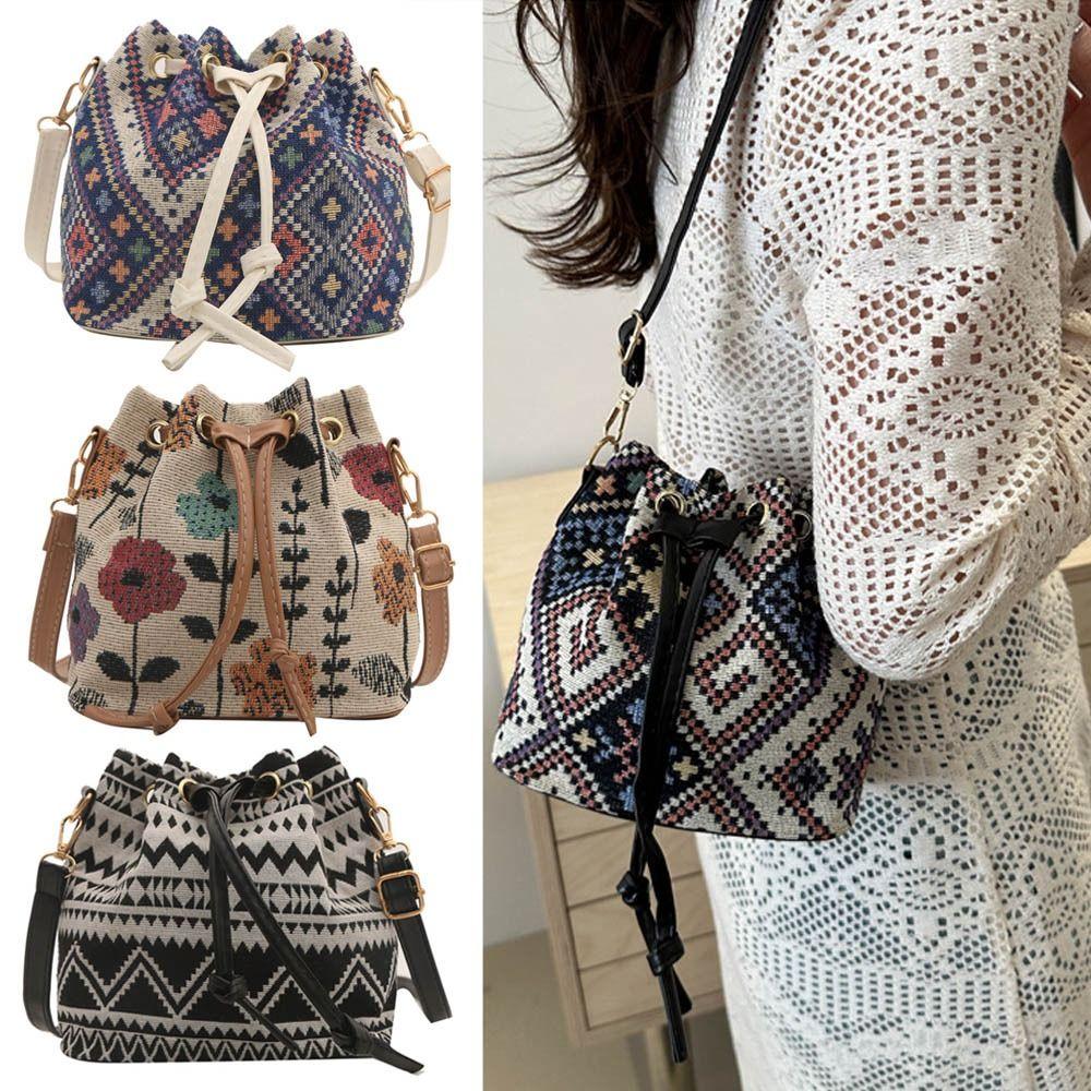 Modische Leinenstoff Eimer Tasche Blumenmuster Verstellbarer Kordelzug Schultertasche Ethnischer Stil Umhängetasche Damenmode