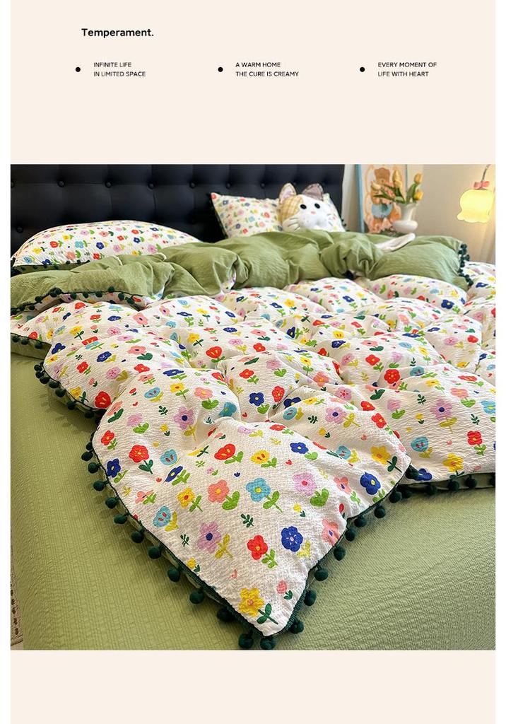 High-Value Cute Pom-Pom Bed Cover Set - Double-Layer Gauze Duvet & Sheets for Single Dormitory, 3-Piece Set