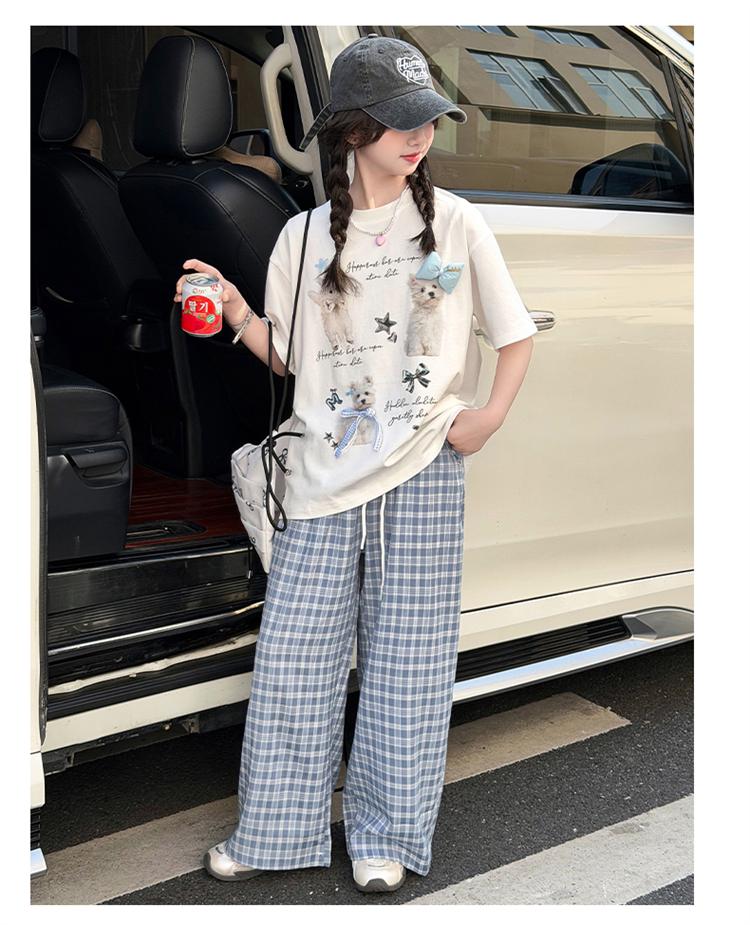 Girls' short sleeved T-shirt and long pants set for summer 2026, new trendy children's fashion, girls' checkered pants for summer wear