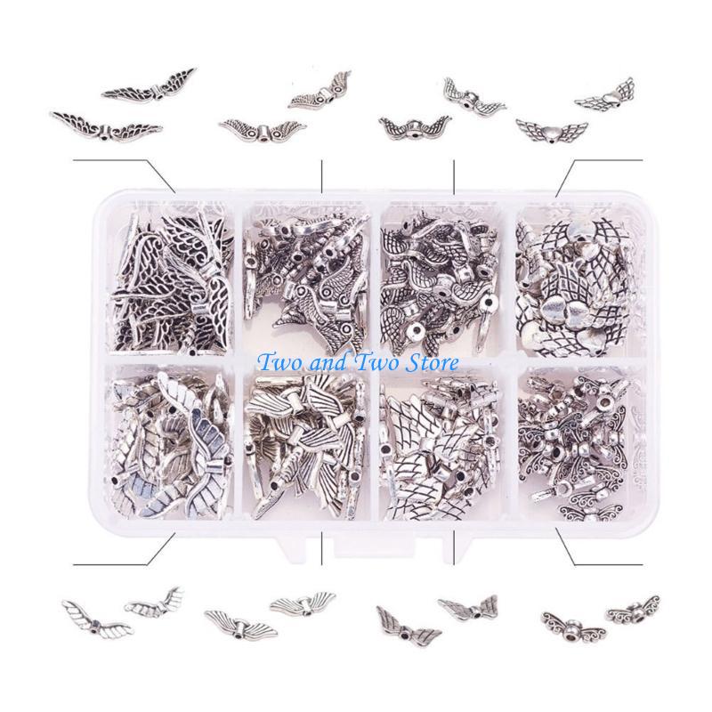 HX6F 6/8 Styles Wing Beads Angel Wing Charm Alloy Spacer Bead Antique Silver Color