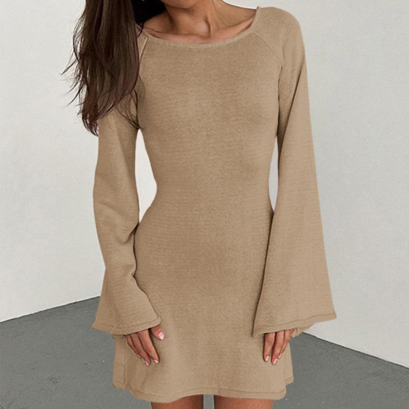 Neckholder Rundhalsbluse Einfarbig Gestrickt Ausgestellter Ärmel Strandkleid