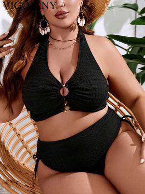 2025 Svart knuten halterneck 2-delad plus size bikini för kvinnor Push-up urholkad stor stor badräkt rygglös knubbig baddräkt