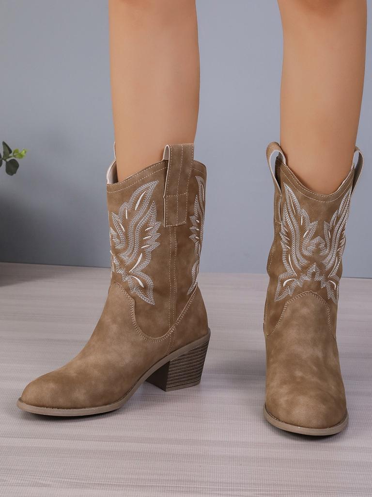 2025 New Western Cowboy Boots Knight Boots Women's Medium Tube Embroidery Retro Pointed Thick Heel Medium Tube Cotton Spot
