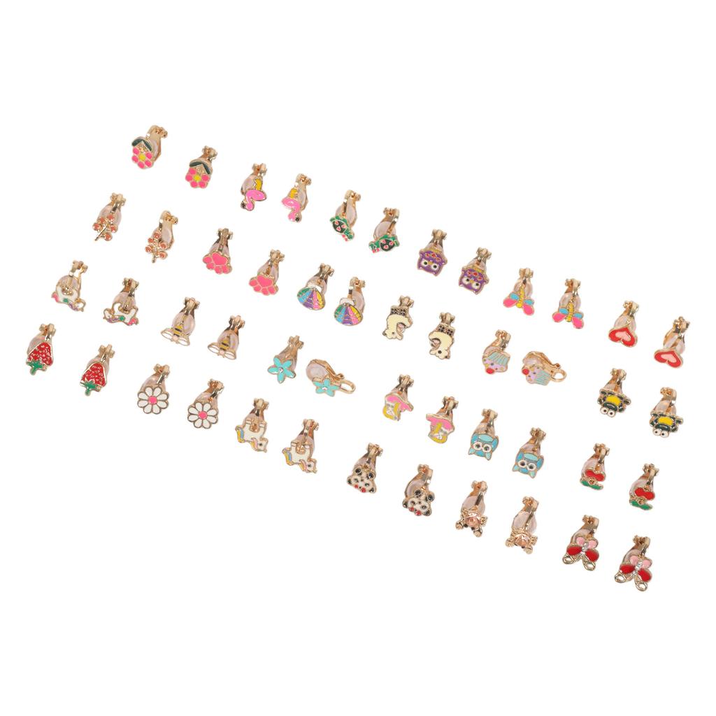 24 Pairs Mixed Color Clip-on Earrings Suitable for Non-perforated Ears Lovely Animals Flowers Heart Fruit Earrings Set
