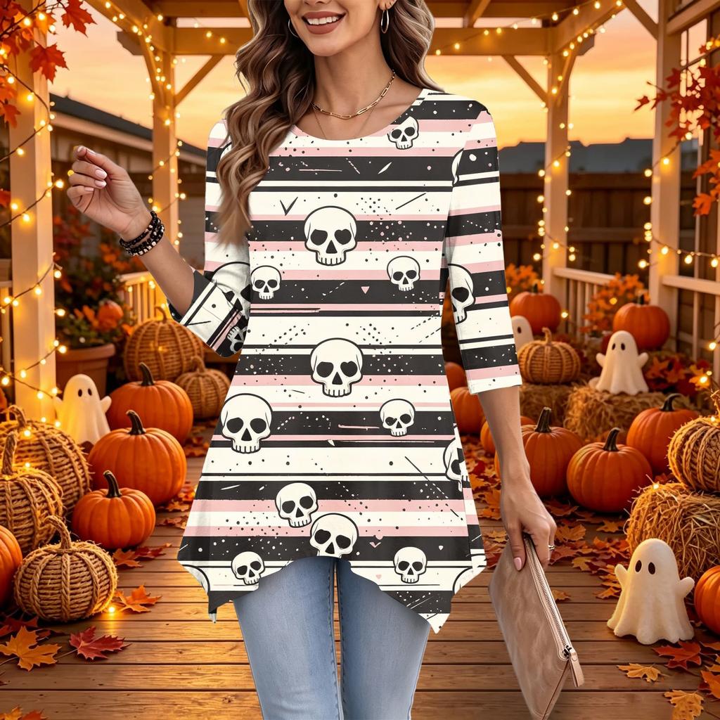 Women's Halloween Print 3/4 Sleeve Loose Fit Casual Top – Fun Holiday Party Tunic Blouse