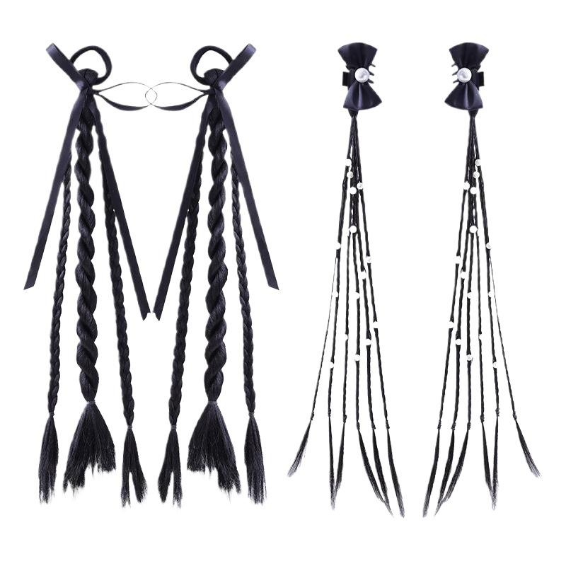 2 Pcs Korean Style Hair Ties for Kids Girls Ponytails Wig Braids with Edgy Bows Children Twist Braids Elastic Hair Accessories