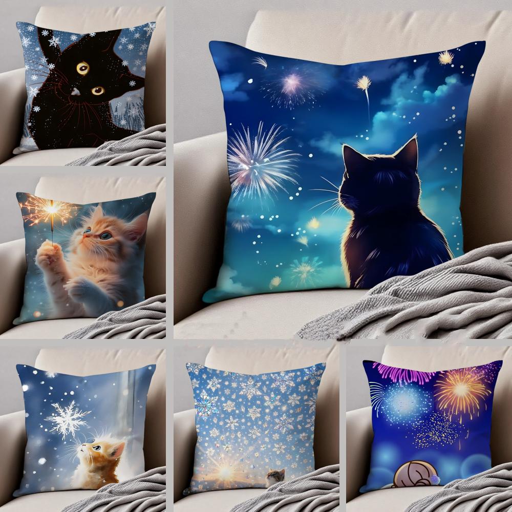 KKitty Cat Fireworks Snowflakes Cushion Cover Throw Pillow Cover Hidden Button Durable Polyester Chair Cushion