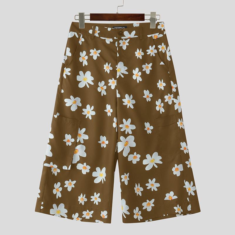 

INCERUN Мужские брюки-капри с широкими штанинами, повседневные, с цветочным принтом, на молнии, с карманами XL