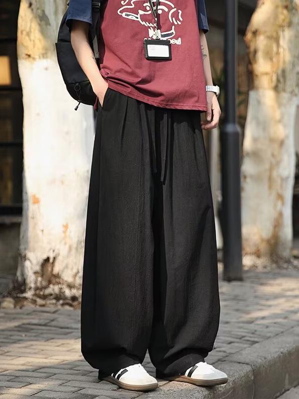 Japanese-Style Curved Blade Wide-Leg Trousers for Men, Spring/Autumn Season, Plus Size, Loose Fit, Straight Leg