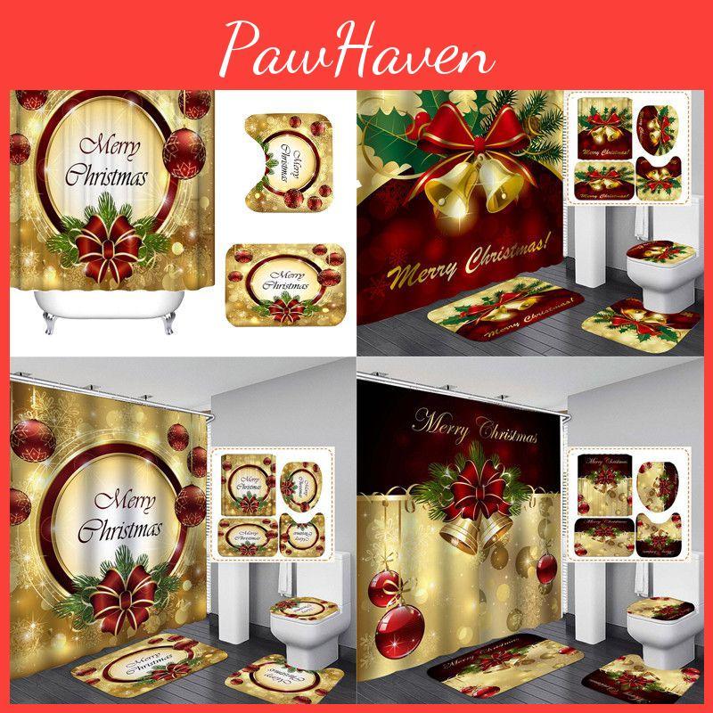 Luxurious Christmas Shower Curtain Toilet Seat Cover Mat Set For Festive Bathroom Decor
