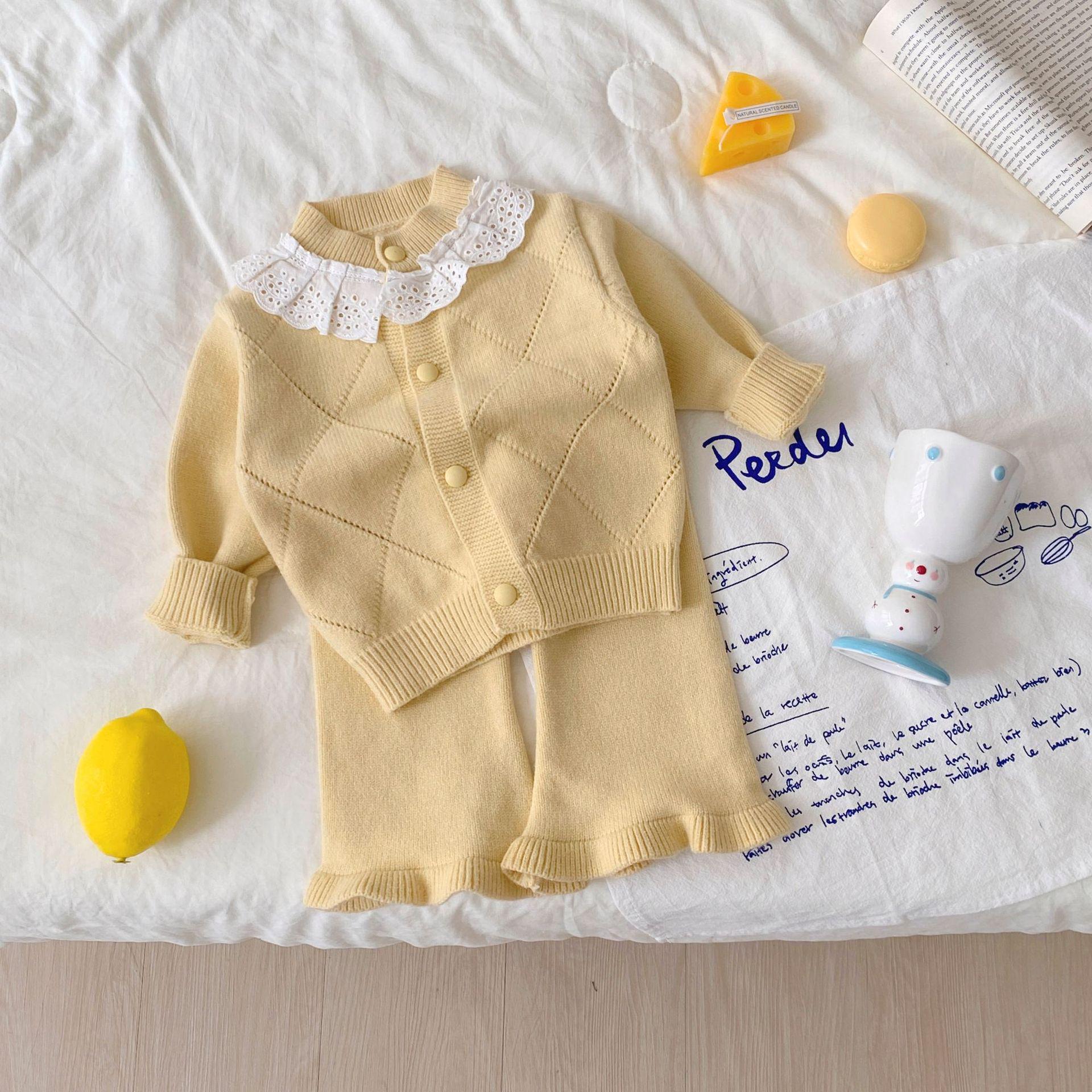 

2025 Baby Lace Flare Pants & Cardigan Set - Solid Color, Warm Knitted Two-Piece for Autumn/Winter 66 cm жовтий