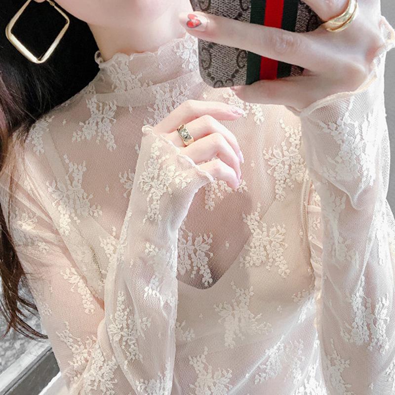 Lace Bottoming Shirt for Women, Spring and Autumn Style, Hollow Long-sleeved Mesh Top, Fashionable Inner Top