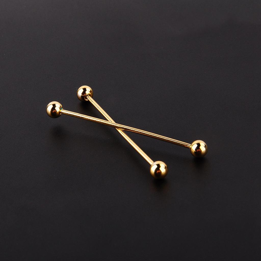 2 Pcs Men Gold Plated Tone Steel Collar Tie Pin Stud Barbell Bar Clip Clasp Brooch 6CM