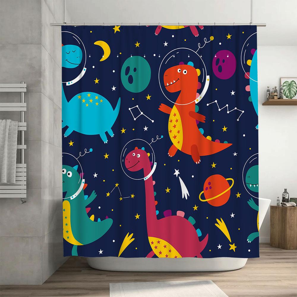 Space-themed shower curtain featuring colorful dinosaurs, perfect for a child's bathroom! Made with waterproof polyester fabric