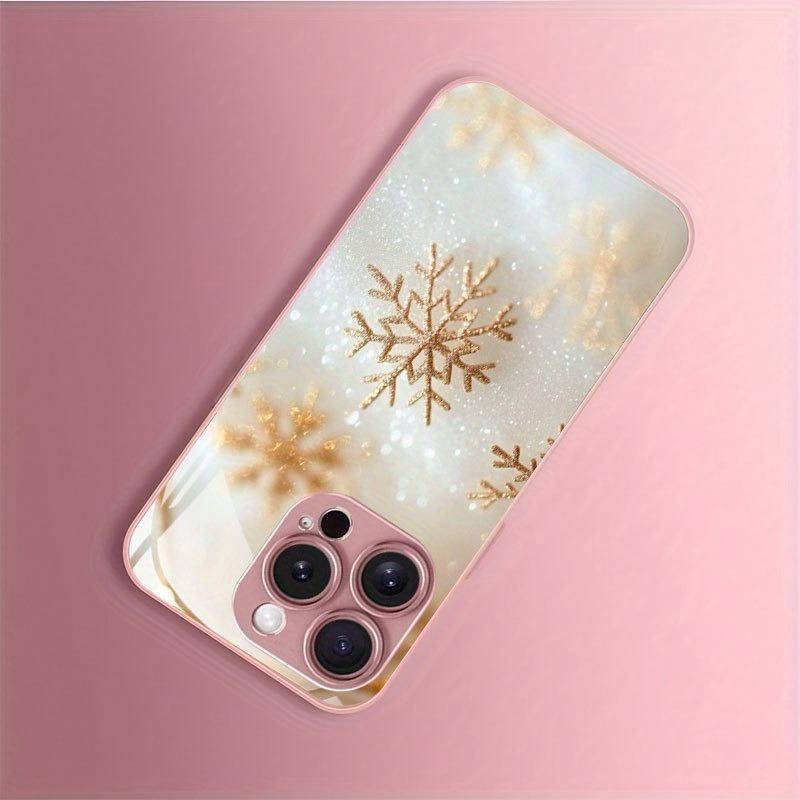 Golden Christmas Snowflake Pattern Metallic Paint Glass Phone Case For iPhone 17 16 15 14 13 12 11 Pro Max Plus 16E 17 Air Cover