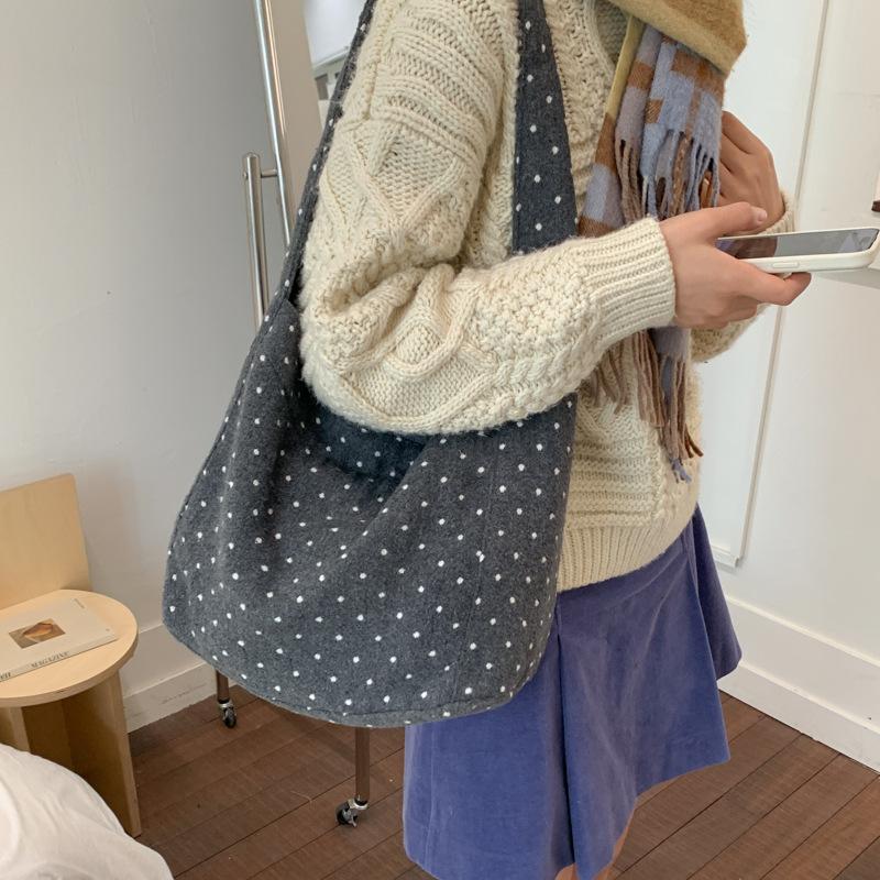 Polka Dot College Style Women Woolen Shoulder Bags Large Capacity Ladies Casual Tote Bag Versatile Portable Female Handbags