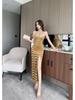 Elegant Velvet Strappy Midi Dress with High Slit and Low-Cut Design