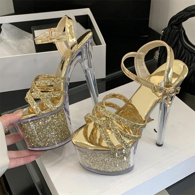 Eilyken New Sexy Design Sequin Cloth Buckle Strap Platform Women Sandals Open Toe Stiletto High Heels Stripper Shoes